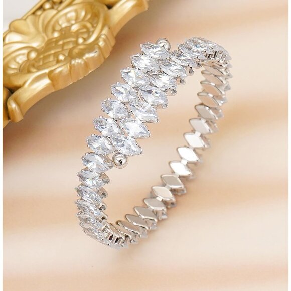 Silver Rhinestone Cuff Bracelet Cubic Zirconia Tennis Bracelets for Women - Picture 1 of 5